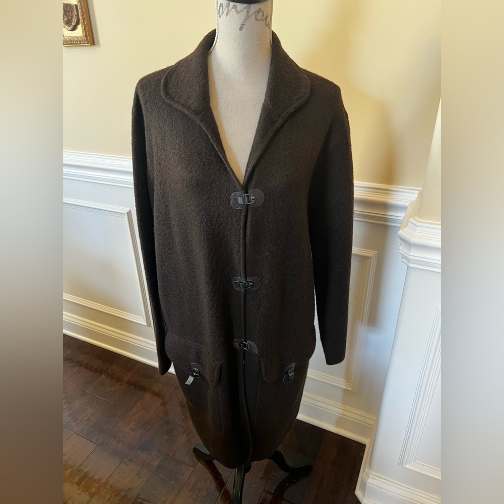 Kate Hill, Dark Brown-Boxy-Snap Toggle style Wool Unlined Coat.